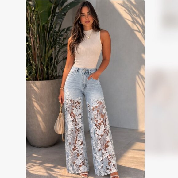 Lace Panel Rhinestone Straight-Leg Jeans - Picture 3 of 4